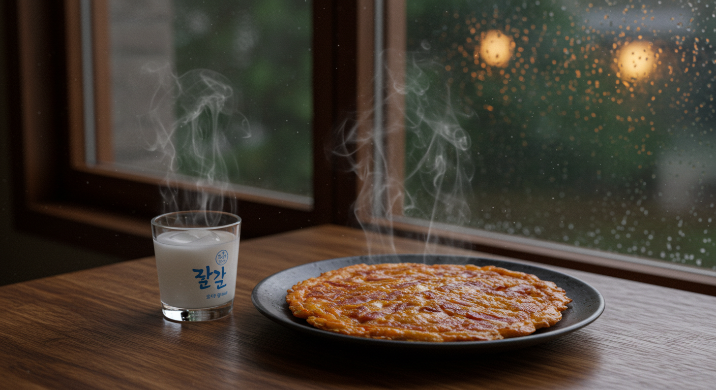 비오는 창가에서 바삭한 김치전과 막걸리를 즐기는 아늑한 분위기