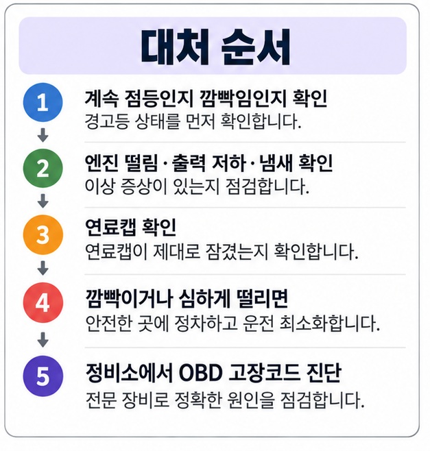 경고등 상태 확인 이상 증상 확인 연료캡 확인 깜빡이면 운전 최소화 OBD 진단 순서의 체크리스트 이미지