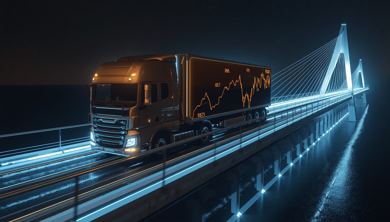 A heavy automated truck driving across a sleek glowing energy bridge conceptualizing trading volume versus market cap.