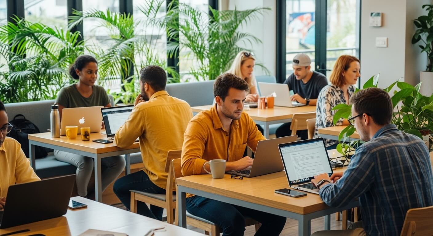 발리나 치앙마이의 코워킹 스페이스에서 다양한 국적의 사람들이 노트북으로 일하는 활기찬 모습.