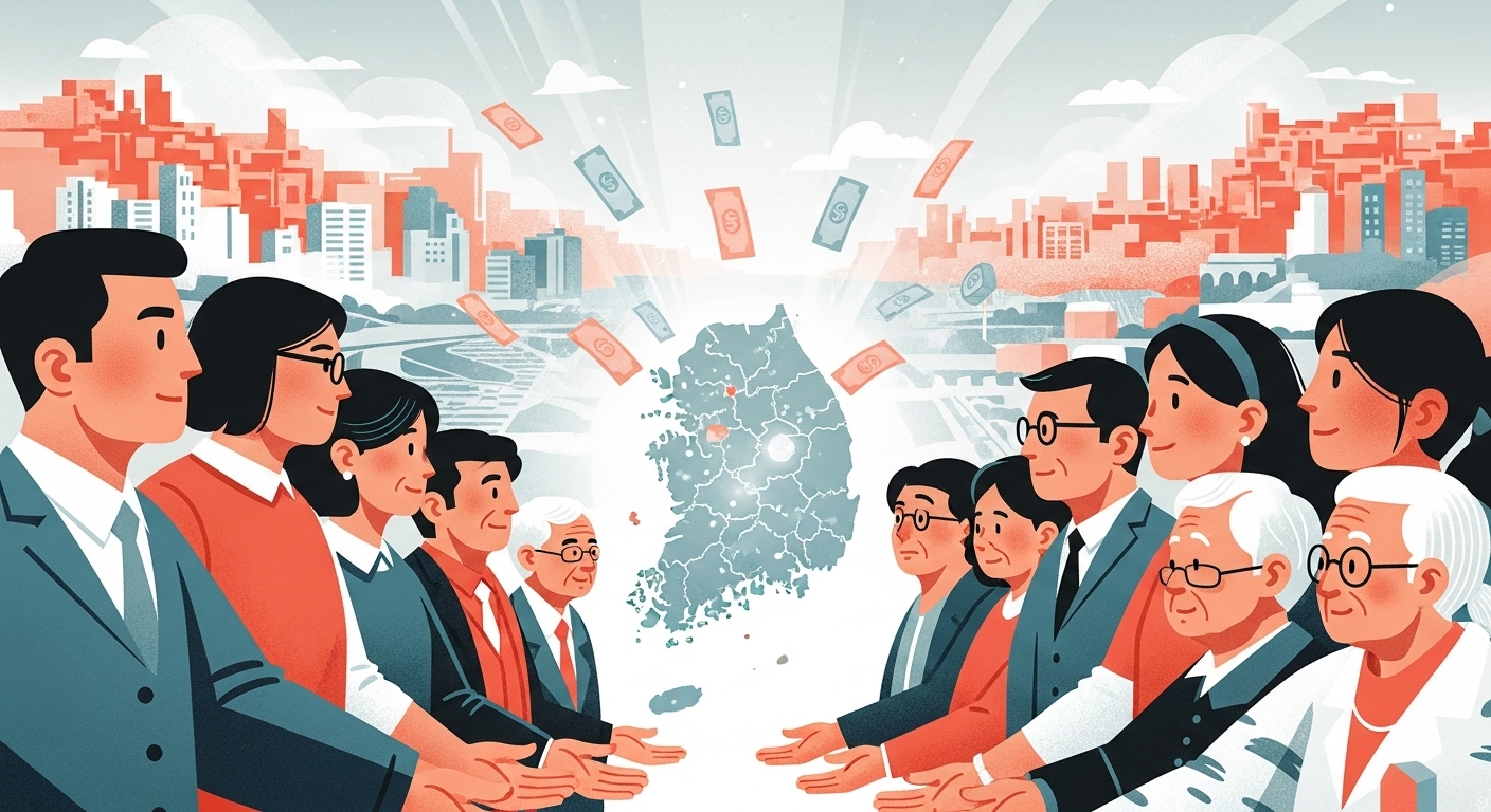 대한민국 지도와 함께 다양한 연령대의 사람들이 희망찬 표정으로 서 있는 모습. 민생지원금을 통한 경제 활성화와 공동체 지원을 상징합니다.