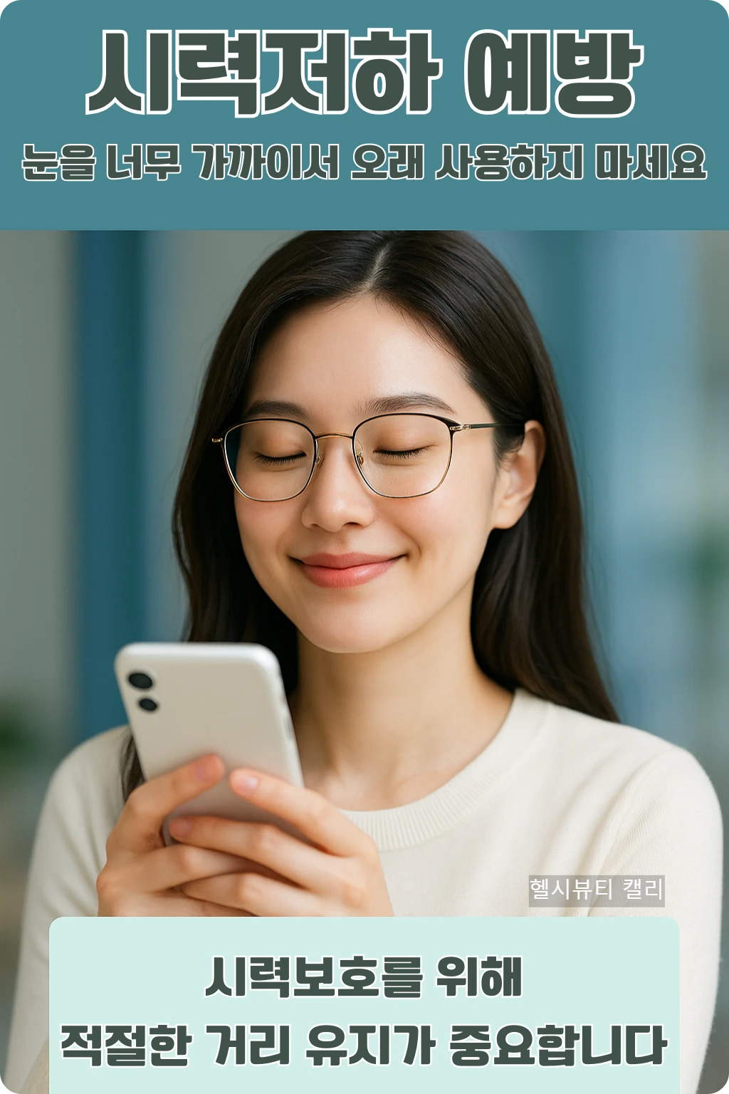 시력저하 예방 문구와 함께 스마트폰을 보며 눈을 감고 미소 짓는 20대 여성, 프리미엄 인포그래픽 디자인