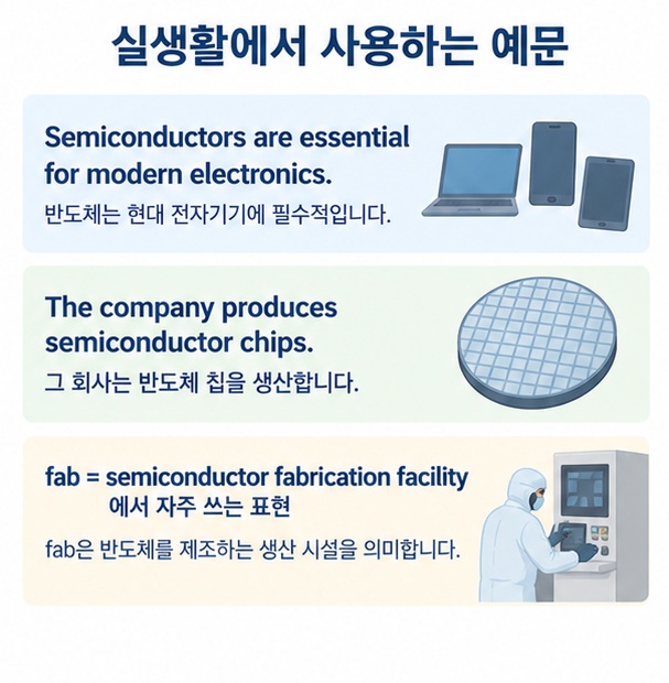 semiconductor가 실제 영어 문장에서 반도체 산업과 칩, 장비 표현으로 사용되는 예시를 보여주는 이미지