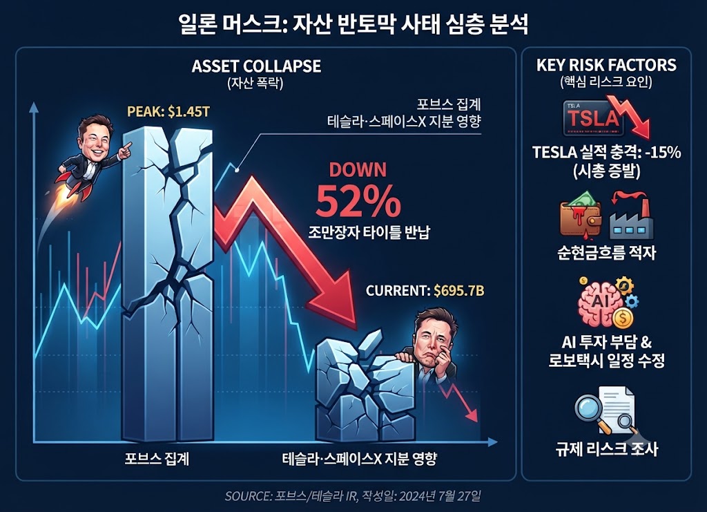 일론 머스크 자산 폭락 및 테슬라 스페이스X 지분 영향 분석 그래프)