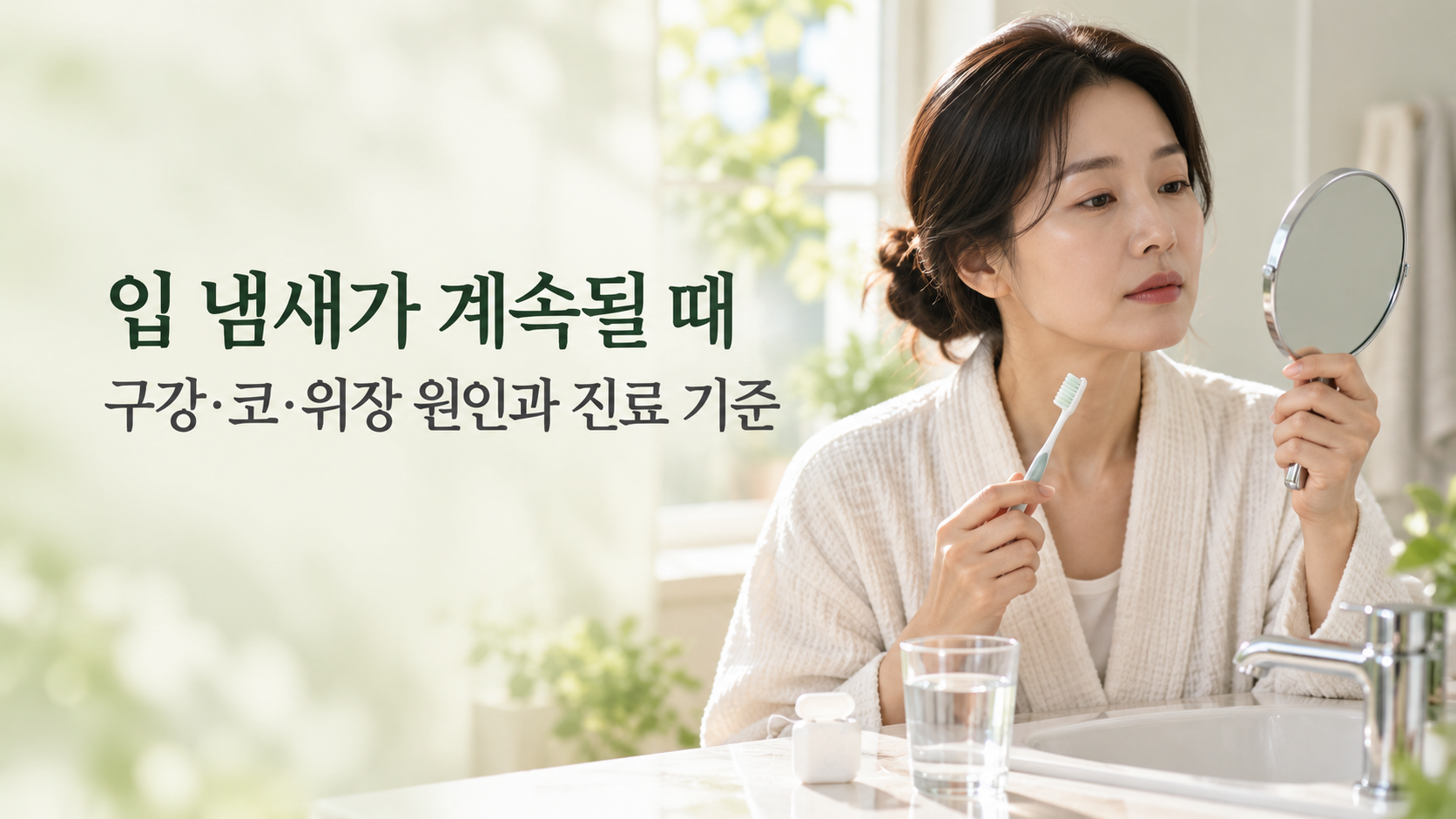 거울과 칫솔을 들고 지속되는 입 냄새의 원인과 진료 기준을 생각하는 성인