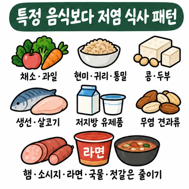 채소·과일·통곡물·콩류·생선·저지방 유제품을 중심으로 먹고 햄·라면·국물·젓갈 등 고나트륨 음식은 줄이는 식사 카드