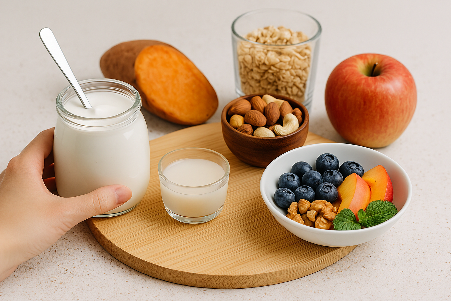 장 건강을 위한 요거트, 견과류, 블루베리,복숭아,고구마가 자연광 아래 테이블 위에 놓인 모습