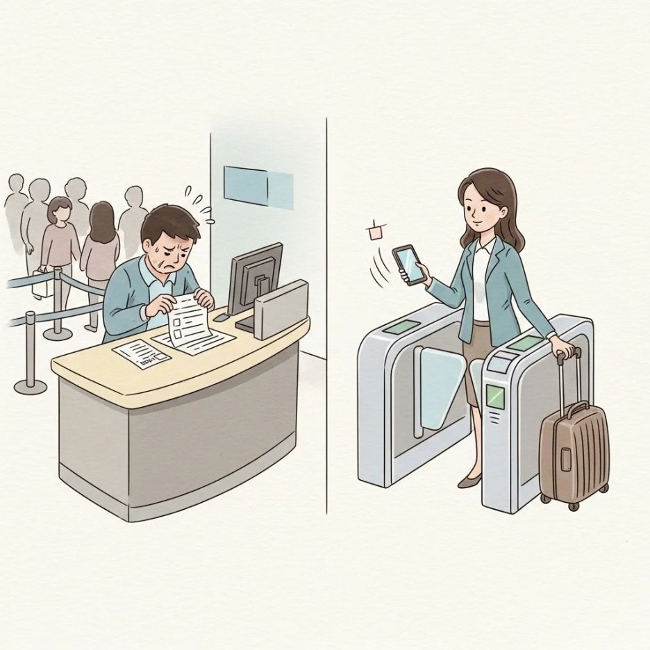 입국 심사대에서 헤매는 모습과 여유롭게 통과하는 모습