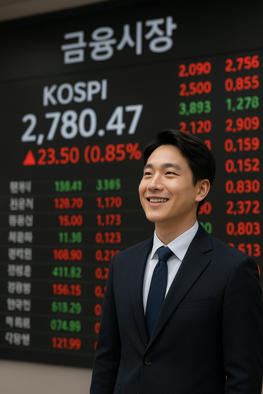 주식전광판앞 젊은 투자자