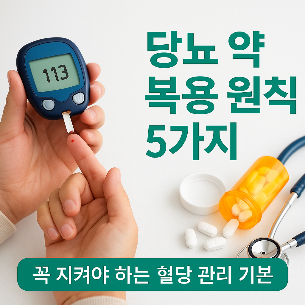 혈당 측정 기기와 약통이 배경에 놓여 있고, &lsquo;당뇨 약 복용 원칙 5가지&rsquo;라는 문구가 적힌 의료 정보형 썸네일 이미지