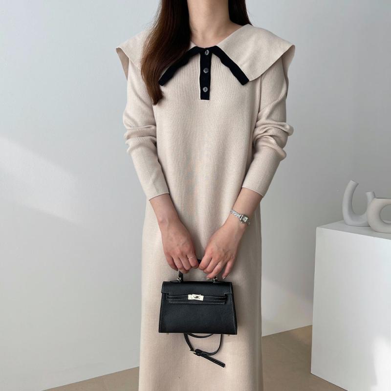 겨울 원피스 가을 빅사이즈 도톰한 배색 세일러 롱 니트 원피스 하객