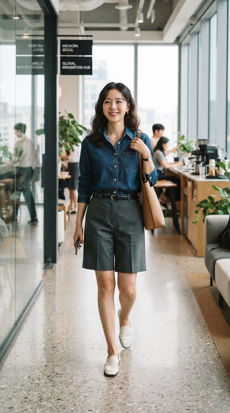 오피스 캐주얼로 매치한 테일러드 쇼츠와 데님 셔츠 코디컷

내용: 데님 셔츠를 걸치면 테일러드 쇼츠도 부담 없이 오피스룩이 돼요.