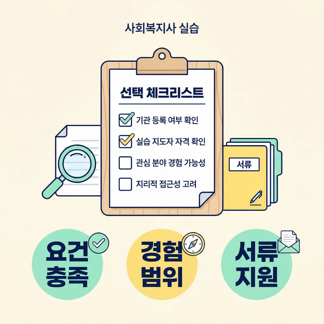 사회복지사 2급 실습기관 선택 시 요건과 경험 범위, 서류 지원을 점검하는 안내 이미지