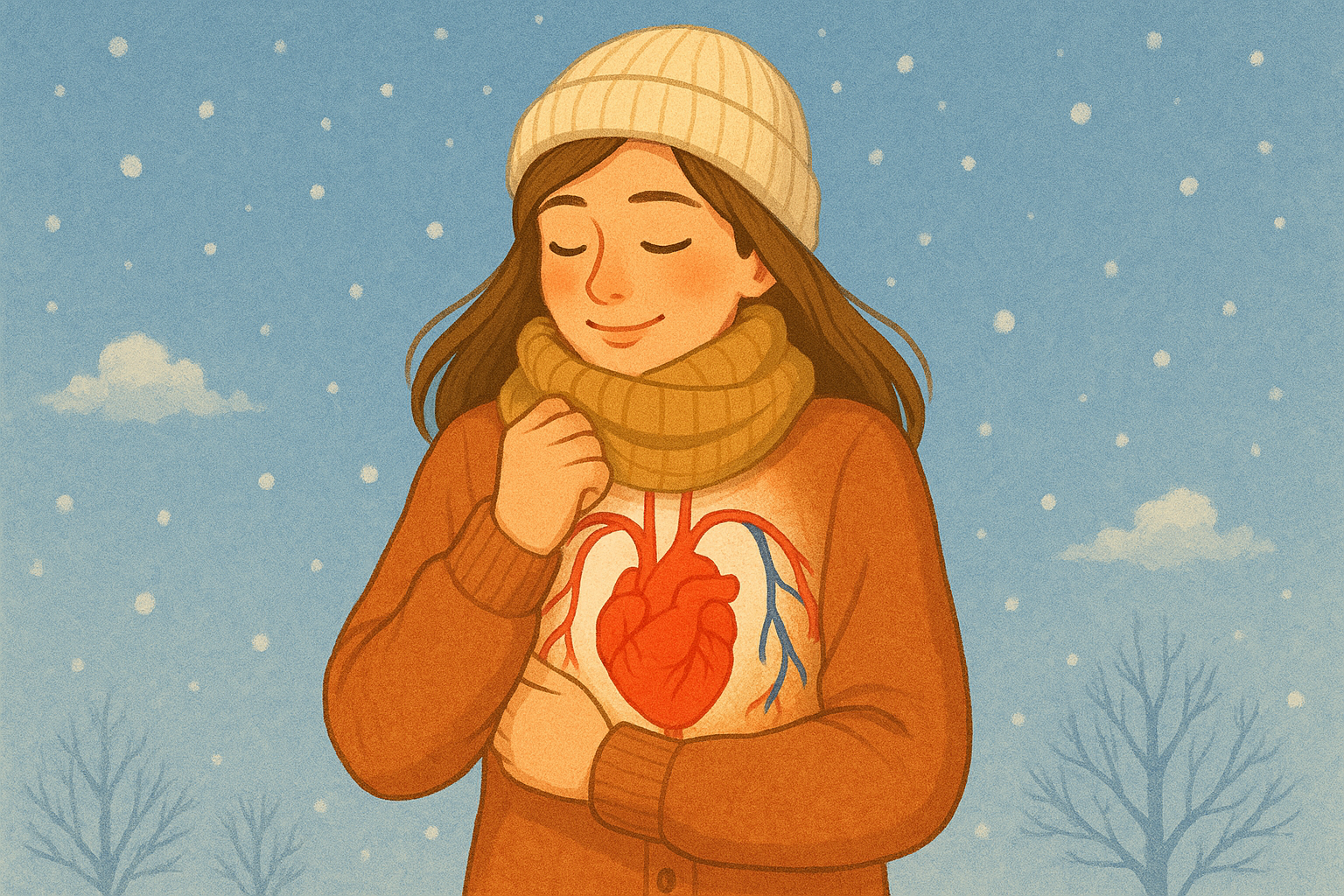 겨울-풍경-속에서-따뜻하게-미소-짓는-여성이-심장과-혈관을-상징적으로-표현한-이미지로-혈액순환이-잘-될-때-몸이-따뜻해지는-원리를-나타낸-장면