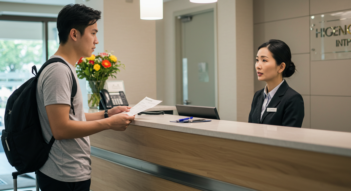 전쟁을 이유로 호텔 프런트에서 예약 취소를 문의하는 아시아 여행자