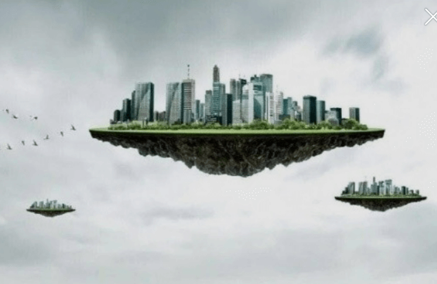 도시가 하늘에 떠있는 모습