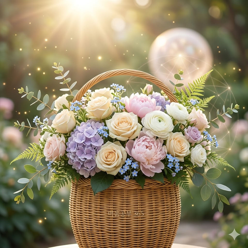 [Luxurious Gratitude Flower Basket with Soft Sunlight]
A luxurious rattan gratitude flower basket overflowing with cream, pale pink, white, and soft purple blooms like roses, peonies, ranunculus, and hydrangeas, bathed in soft, warm sunburst sunlight. The scene includes a soft, indistinct glowing sphere of light in the tranquil garden background. Faint Korean text '마음공부 365' (Mind Study 365) is subtly woven into the basket texture, completely sans characters.