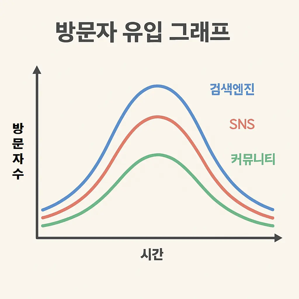 블로그 글이 쌓이고 수익 그래프가 서서히 상승하는 흐름도