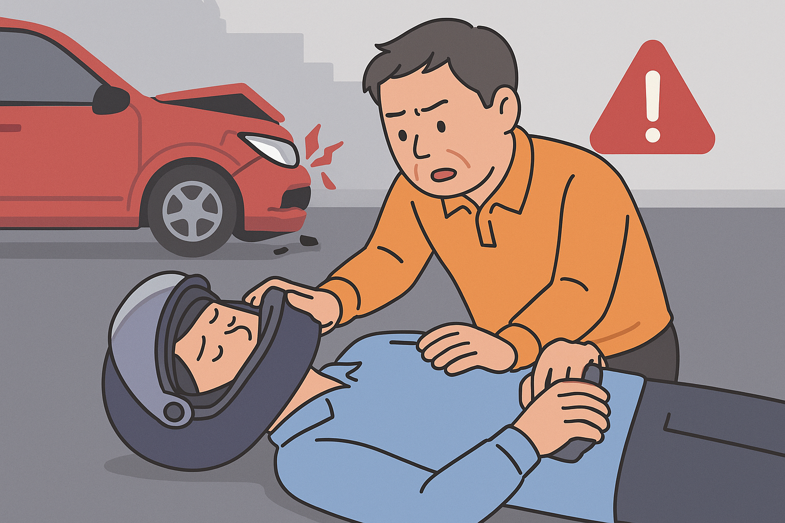 통사고 현장에서 오토바이 운전자의 헬멧을 벗기려는 시민의 모습, 경고 아이콘 포함
