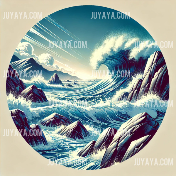 바위에 부딪히며 흰 물보라를 일으키는 바닷물의 동적인 풍경&amp;#44; 맑은 하늘과 대비된 바다의 활력이 돋보이는 장면