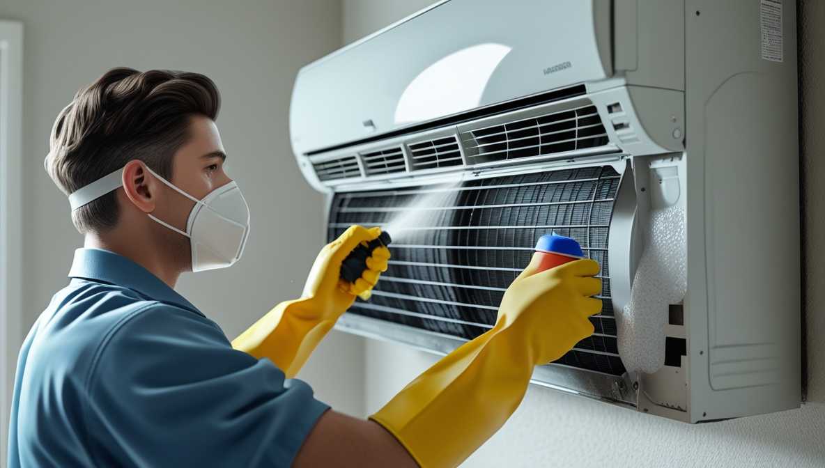 마스크를 낀 사람이 에어컨 필터를 분리하여, 냉각핀에 에어컨 세정제를 뿌리는 모습