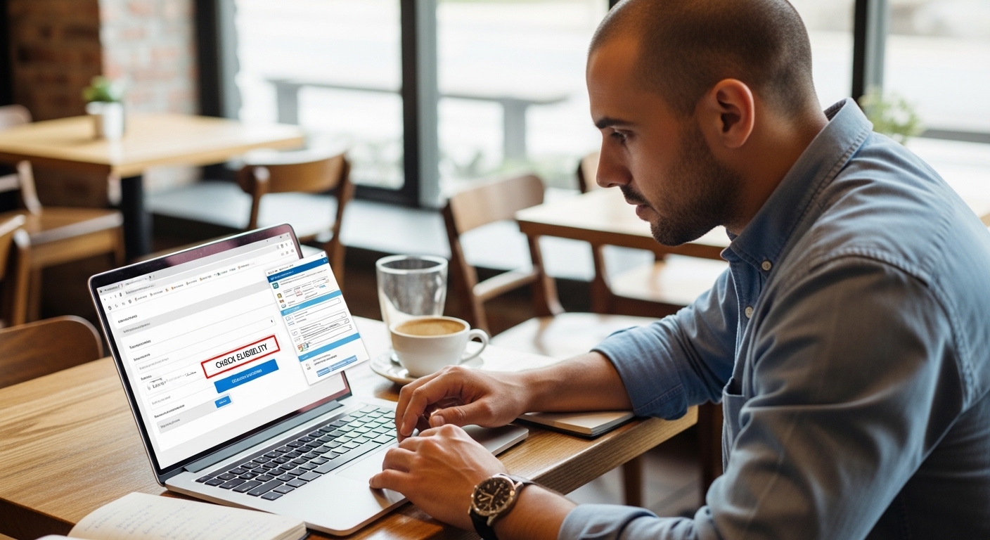 1인 사업자가 노트북으로 바우처 신청 자격을 확인하는 모습