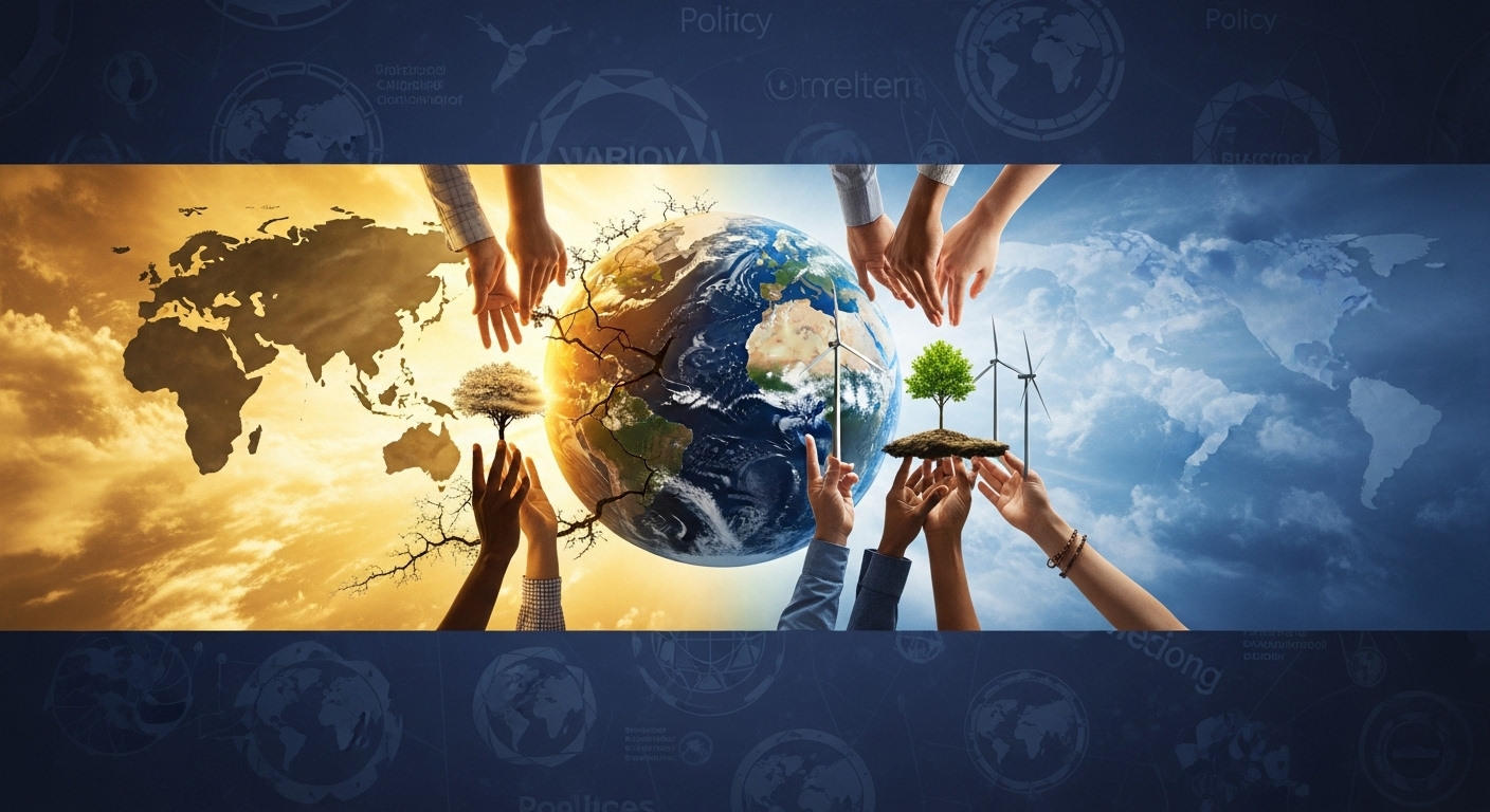 가뭄과 극한 기후로 고통받는 지구의 모습과 함께, 다양한 손들이 협력하여 녹색 에너지 솔루션을 심는 모습. 기후변화의 심각성과 국제사회의 노력을 상징.