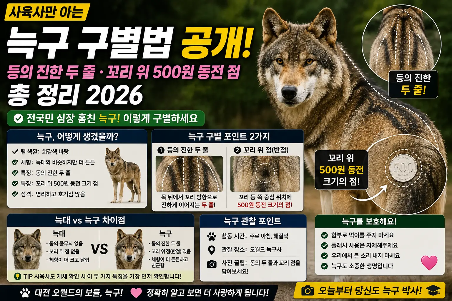 사육사만 아는 늑구 구별법 공개 — 등의 진한 두 줄·꼬리 위 500원 동전 점 총정리 2026