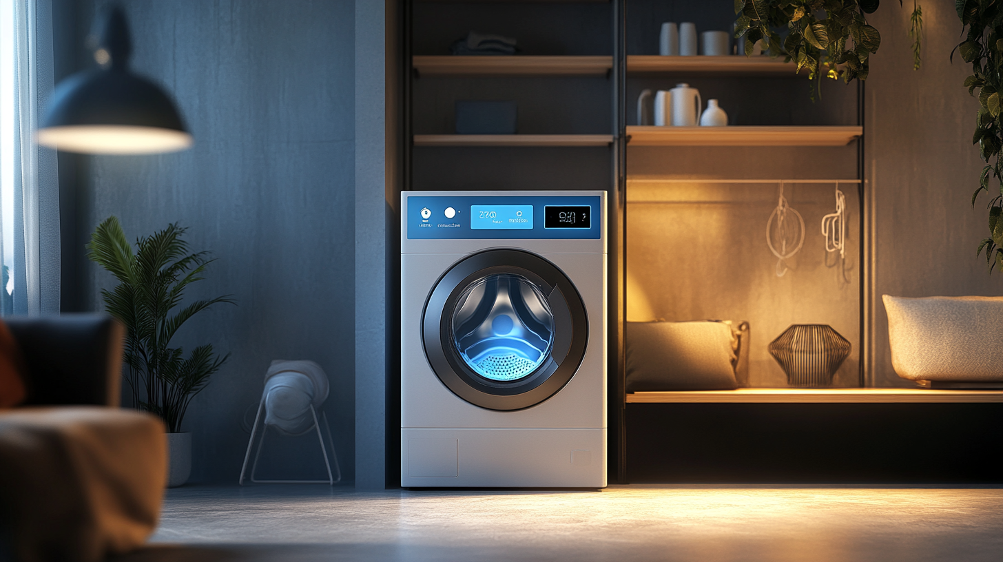 스마트폰 기술과 통합된 세탁기와 SmartThings 앱 인터페이스를 보여주는 세련된 스마트홈 풍경