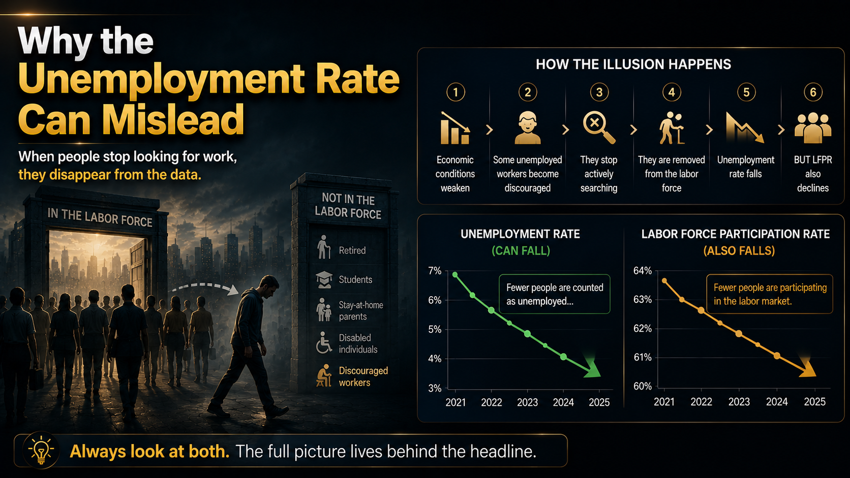 Illustration showing how discouraged workers can lower the unemployment rate while reducing the Labor Force Participation Rate.