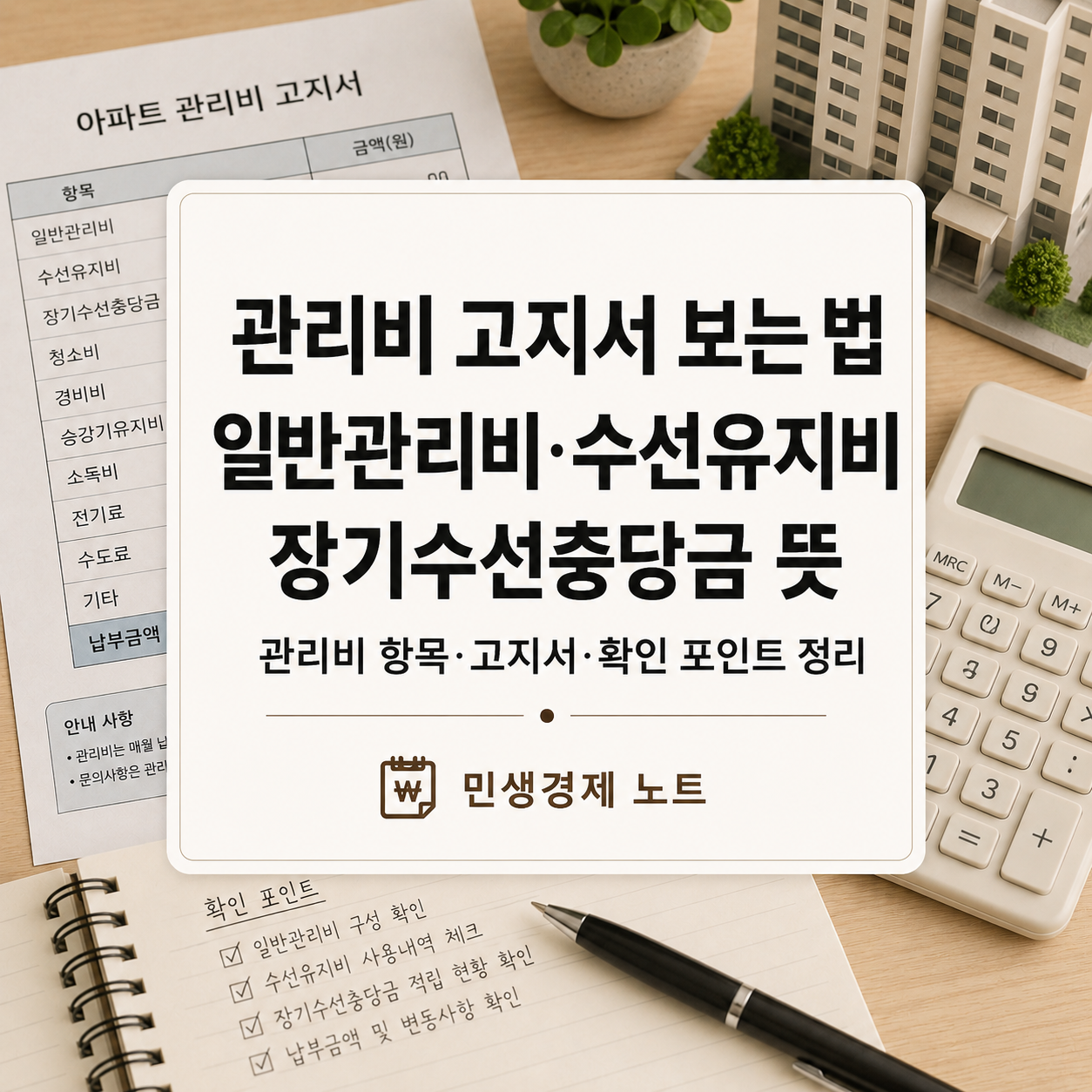 관리비 고지서 보는 법과 일반관리비, 수선유지비, 장기수선충당금 뜻을 설명하는 민생경제노트 대표 섬네일