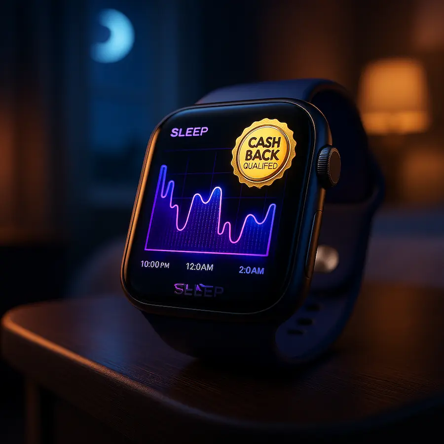 현금 환급 자격 배지가 표시된 고화질 수면 분석 스마트워치 화면