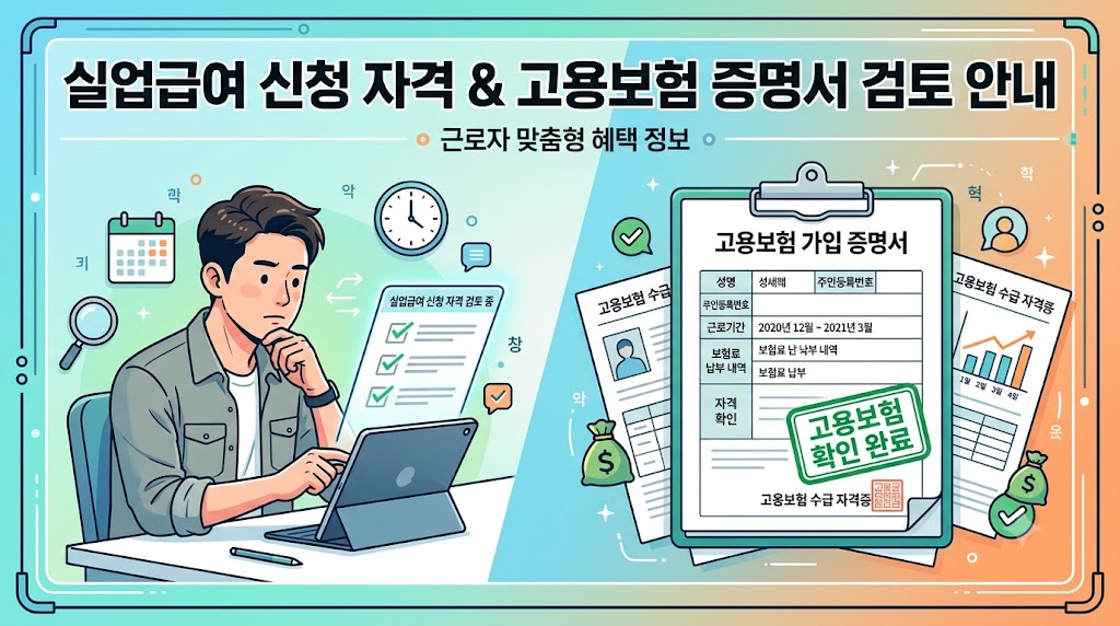 실업급여 신청 자격을 검토하는 근로자의 모습과 고용보험 증명서 서류 일러스트
