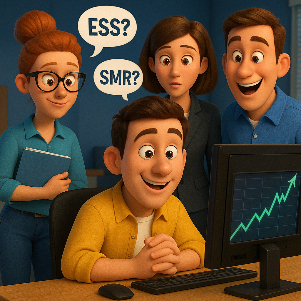 사무실에서 직장인들이 주식 그래프를 보며 함께 회의하는 픽사 스타일 일러스트. 한 남성이 컴퓨터 앞에 앉아 있고, 주변 동료들이 함께 그래프를 보며 ESS, SMR 등 핵심 용어를 떠올리고 있음