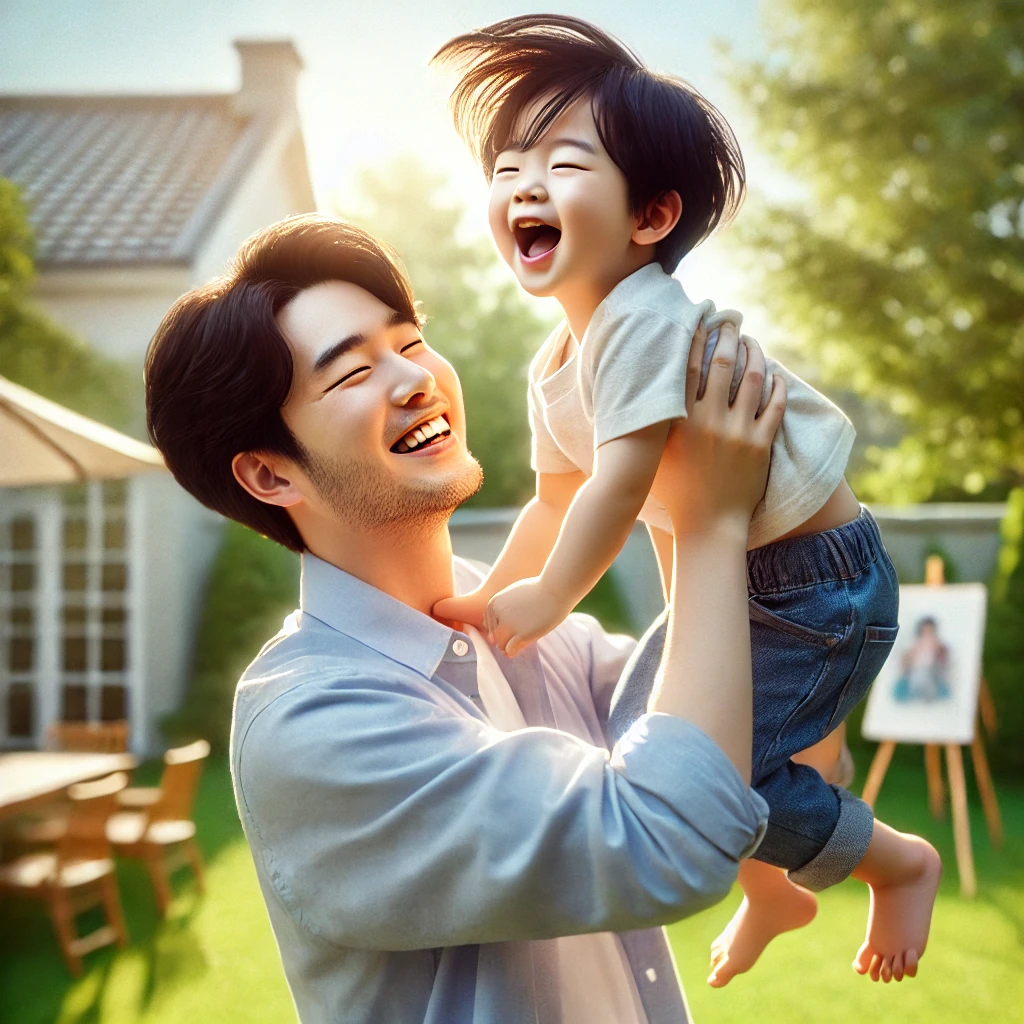 햇살이 비추는 뒷마당에서 아빠가 아이를 공중으로 들어 올리는 하이퍼리얼리즘 장면. 아이는 웃고 있고 아빠는 따뜻하게 미소 지으며&amp;#44; 둘이 함께 즐겁고 활기찬 순간을 보내는 모습