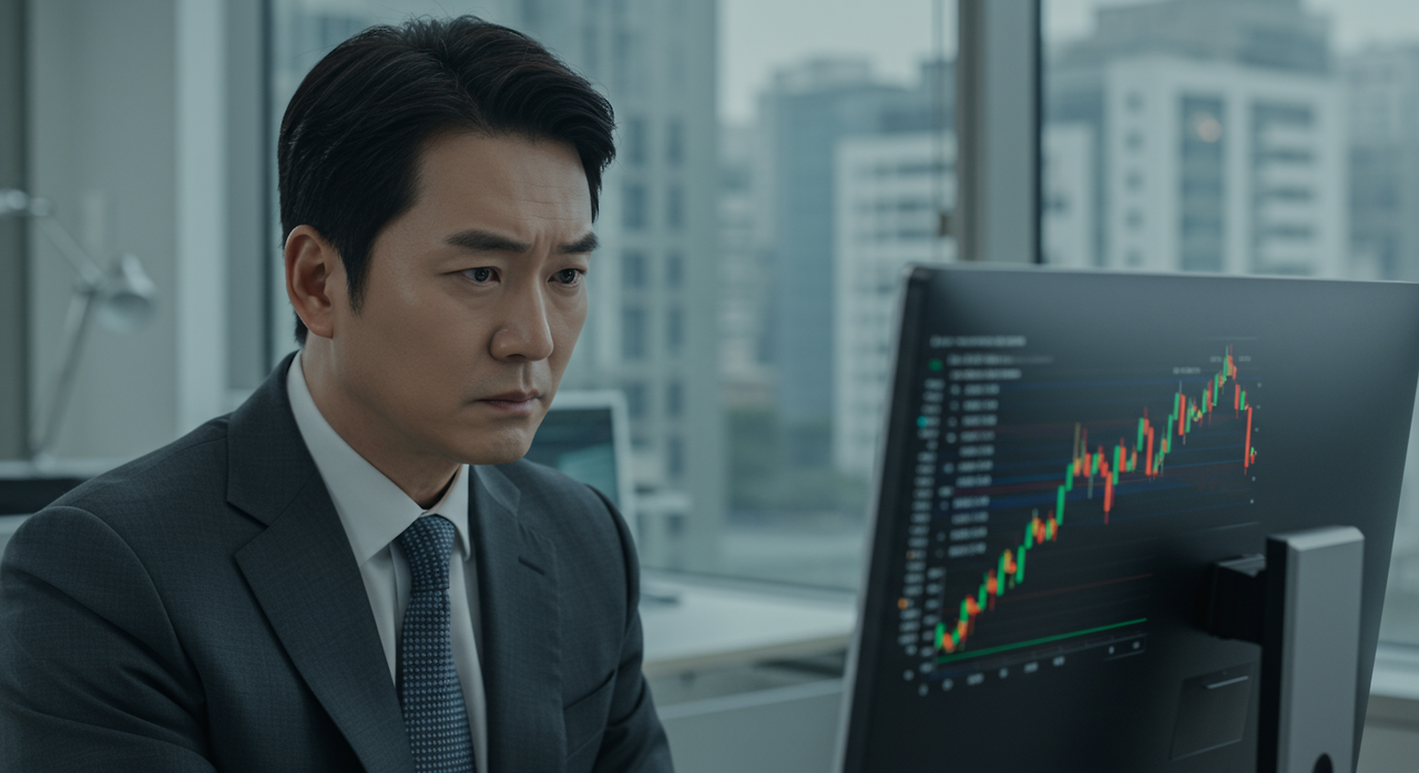 금리가 상승하는 차트를 보며 고민하는 한국 은행원