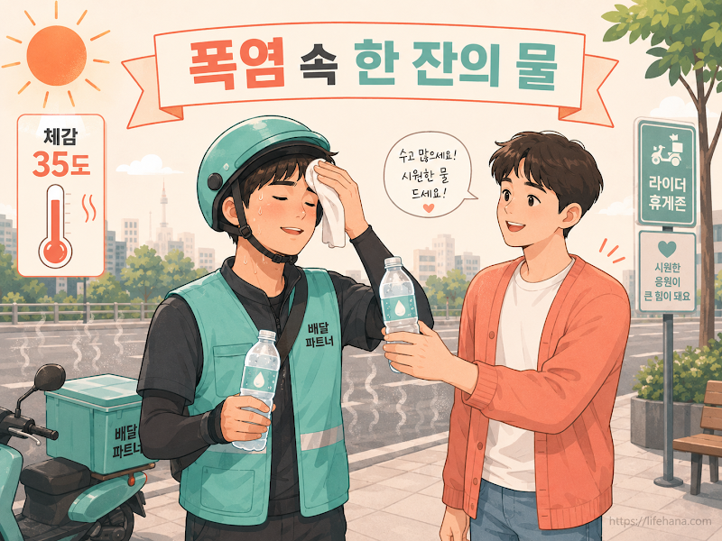 한낮의 볓 아래 아스팔트 열기 속에서 안전모를 착용하고 오토바이에 탑승한 배달 라이더의 모습 일러스트