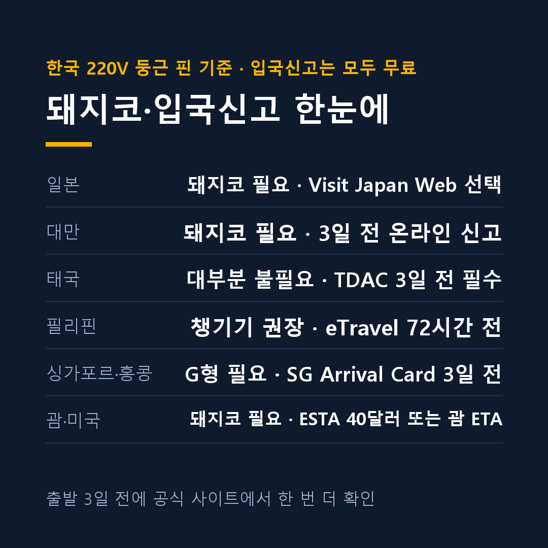 해외여행 준비물 나라별 돼지코 필요 여부와 입국신고 시기 카드
