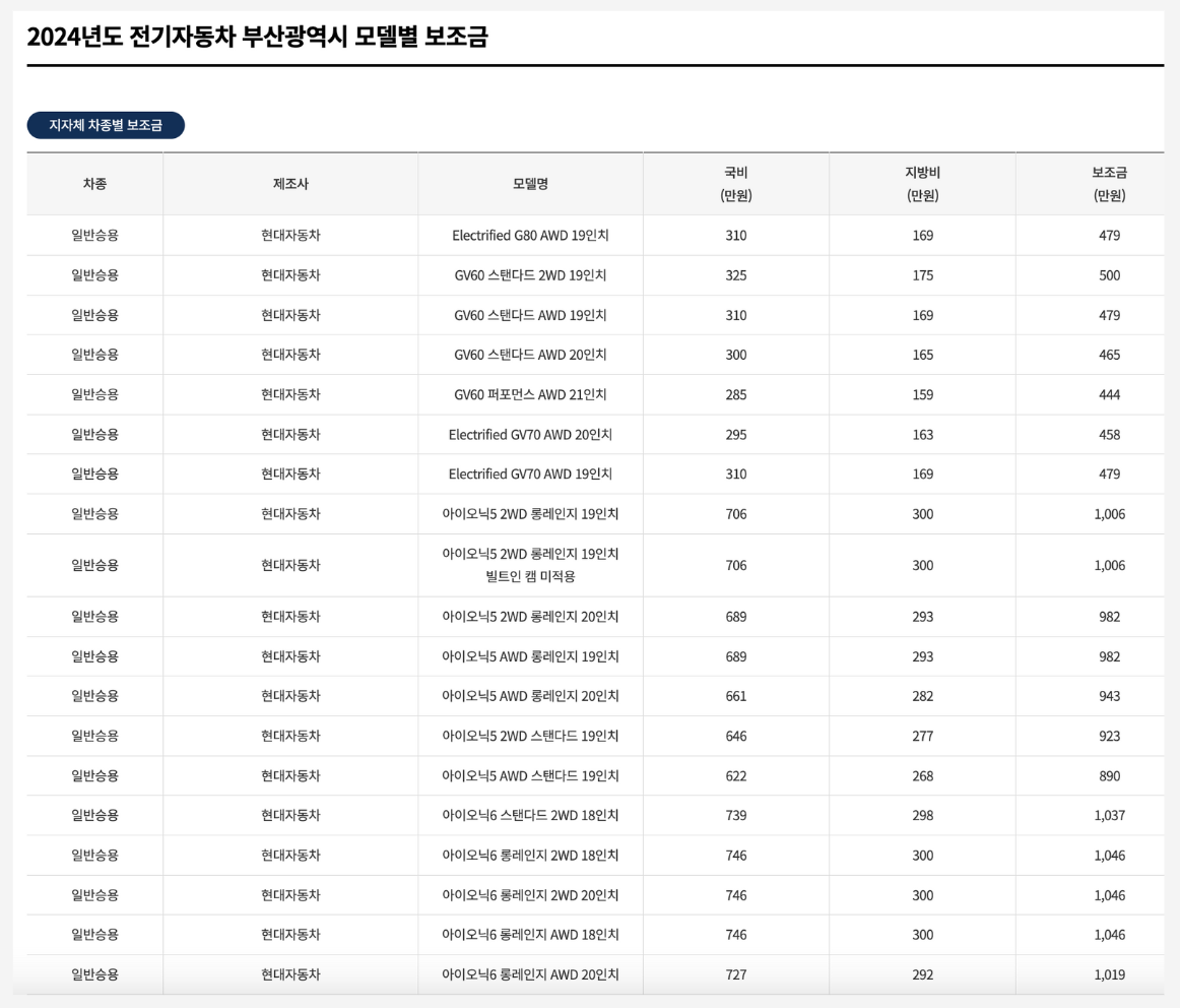 대구 지자체 보조금 2024 지자체 차종별 보조금 금액