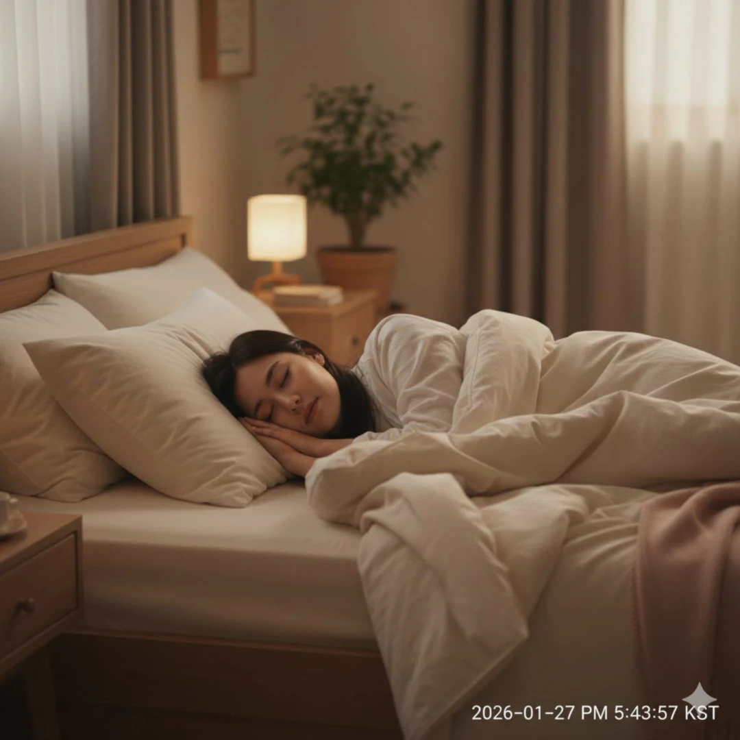 아늑하고 편안한 침대에서 평화롭게 잠든 사람의 모습을 따뜻하고 부드러운 조명 아래 보여줍니다. 잔잔한 색감과 조용한 분위기로 숙면의 중요성과 안정감을 표현합니다.