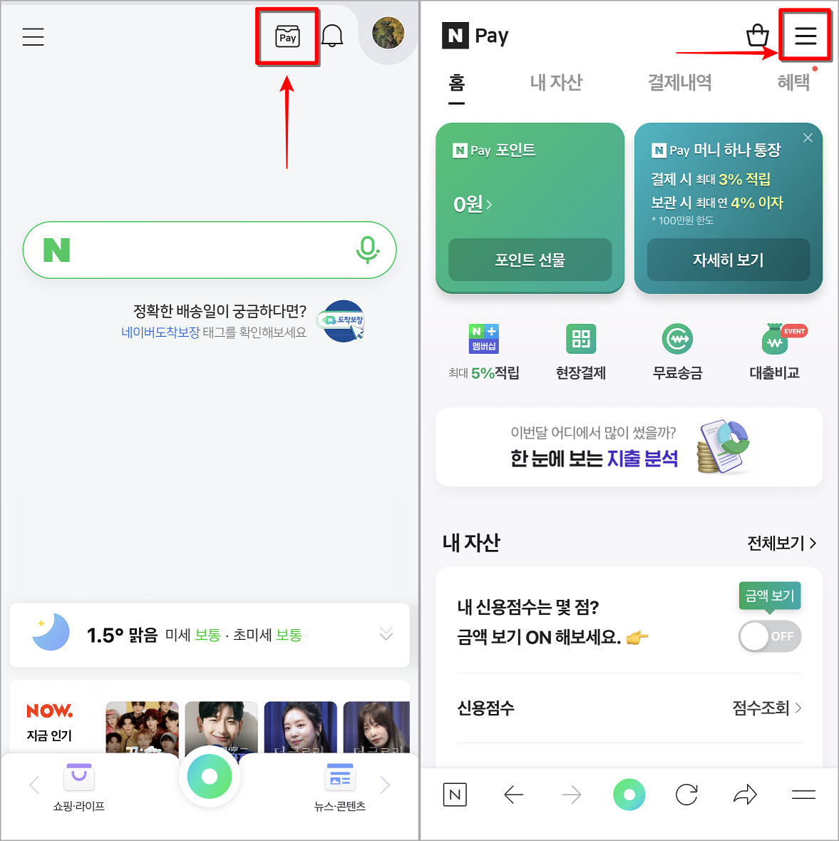 네이버 홈페이지의 페이 버튼을 선택하여, 네이버페이로 접속하고, 네이버페이의 메뉴 버튼을 선택하여 전체 메뉴로 접속