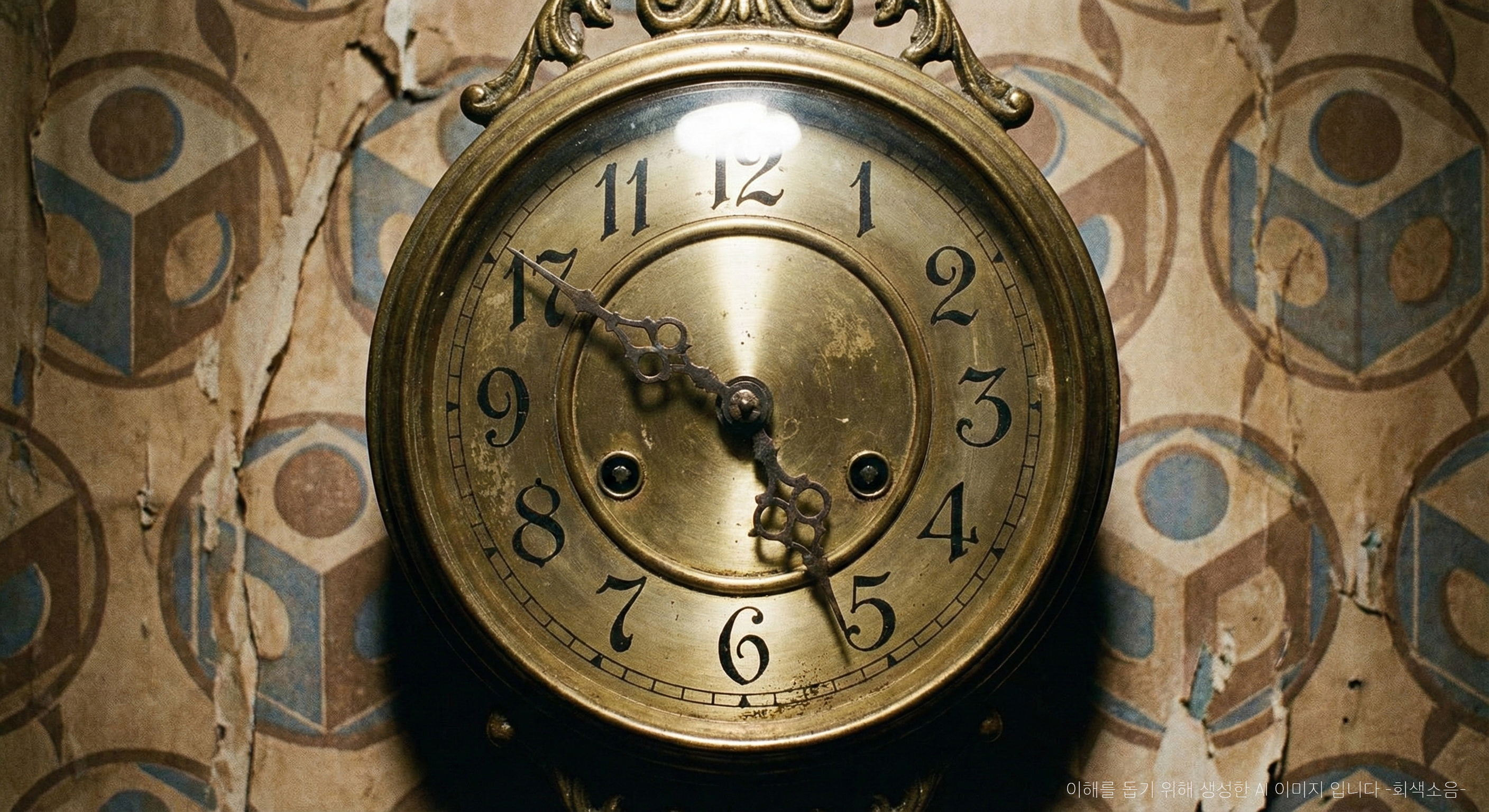숫자가 뒤섞이고 바늘이 뒤틀린 초현실적인 벽시계가 반복 무늬 벽지 위에 걸려 시간의 붕괴와 무의미한 일상을 암시하는 클로즈업 장면.