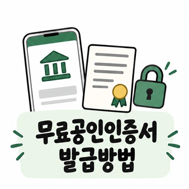 은행 앱과 인증서, 자물쇠 아이콘 옆에 무료공인인증서 발급방법이라는 제목이 크게 적힌 대표 썸네일