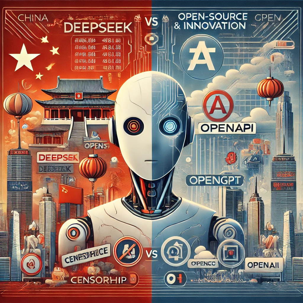 중국의 DeepSeek AI와 OpenAI의 ChatGPT를 비교하는 상징적인 그림