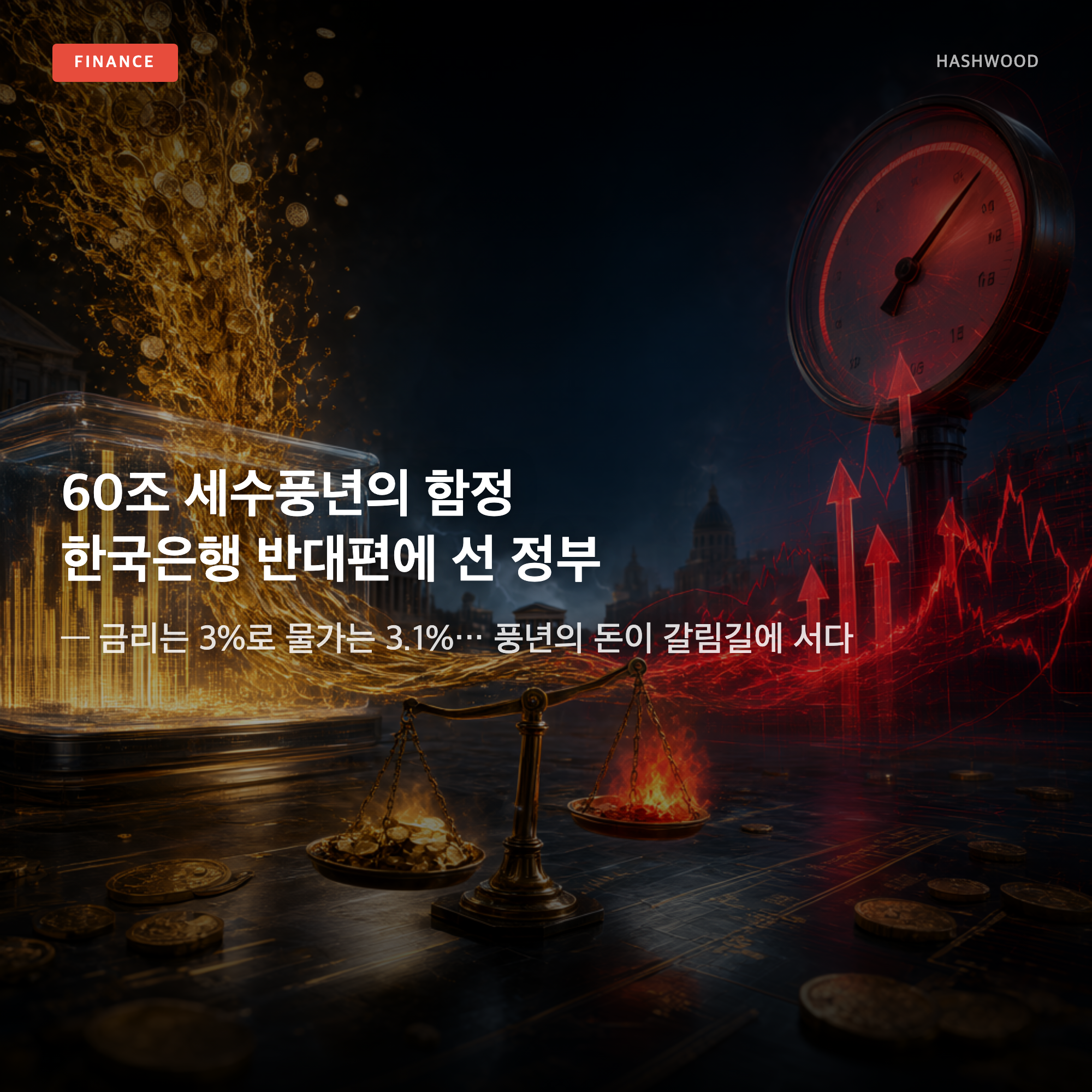 그림: 60조 세수풍년의 함정 한국은행 반대편에 선 정부 — — 금리는 3%로 물가는 3.1%… 풍년의 돈이 갈림길에 서다