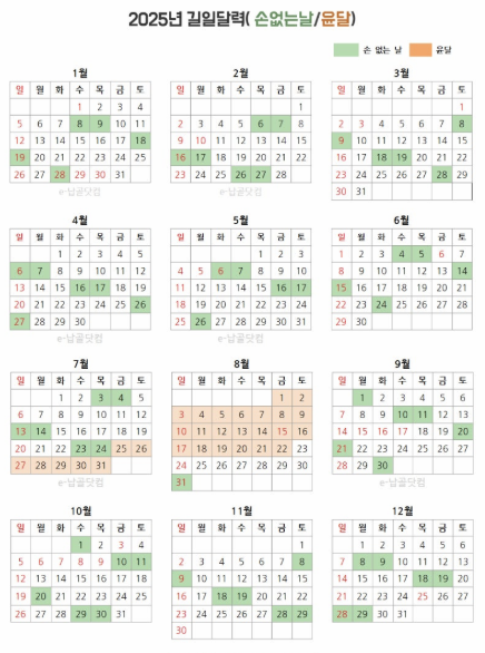 2025년 손없는 날 달력 이미지