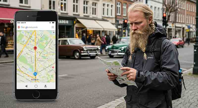 여행자가 구글맵으로 길을 찾고 있는 모습