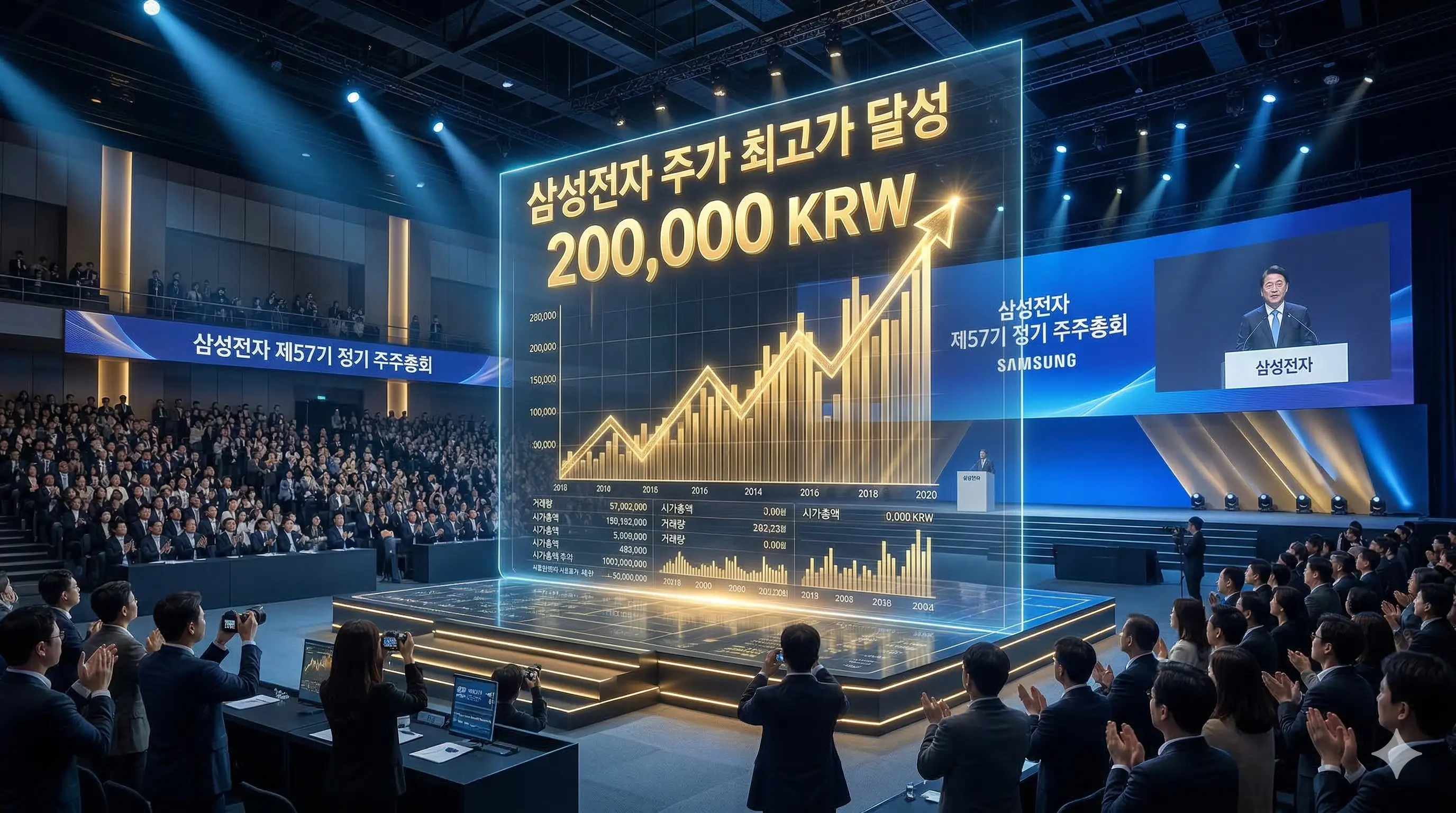 삼성전자 제57기 주주총회와 주가 20만원 돌파를 상징하는 그래픽 이미지