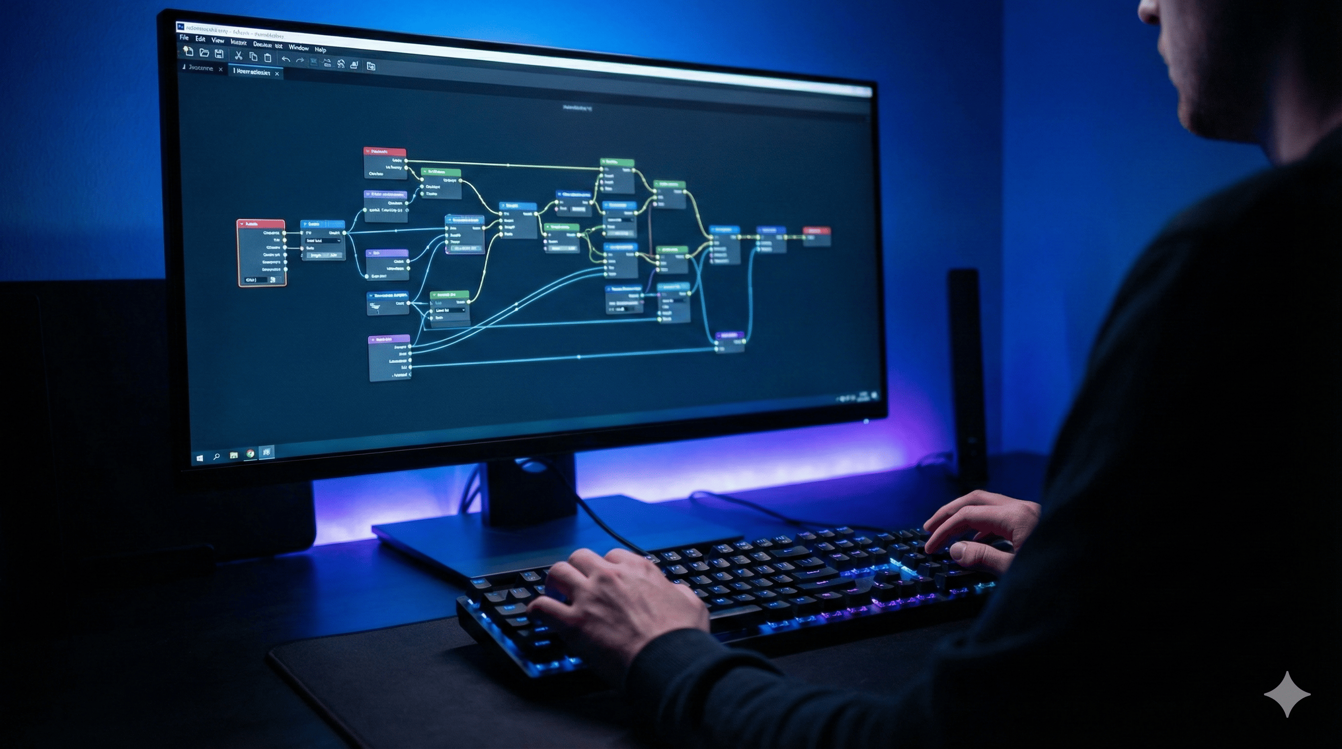 집중해서 키보드를 두드리는 손끝과 모니터 속 체계적으로 연결된 AI 노드들이 보여주는 창작의 몰입감과 전문성.