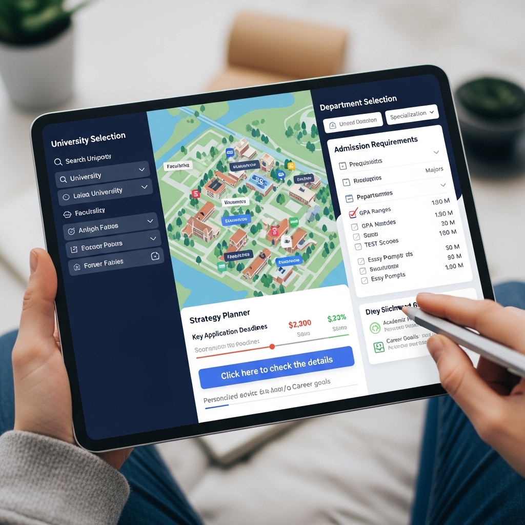 대학별 전형 요강과 학과 선택을 위한 개인 맞춤 입시 전략 플래너. 세부 정보를 확인하는 손.